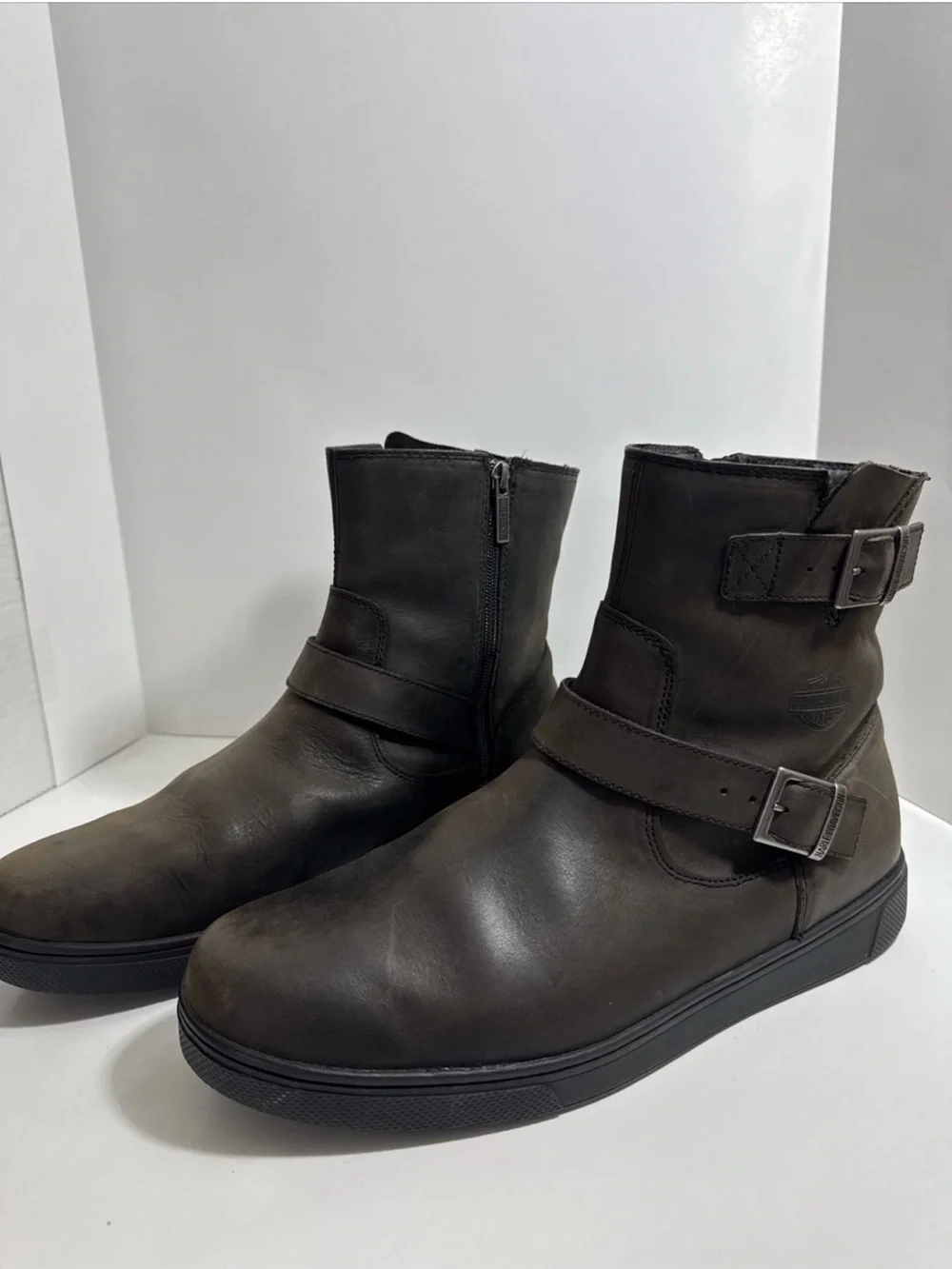 Harley-Davidson  Leather Buckle Ankle Boots Side Zipper